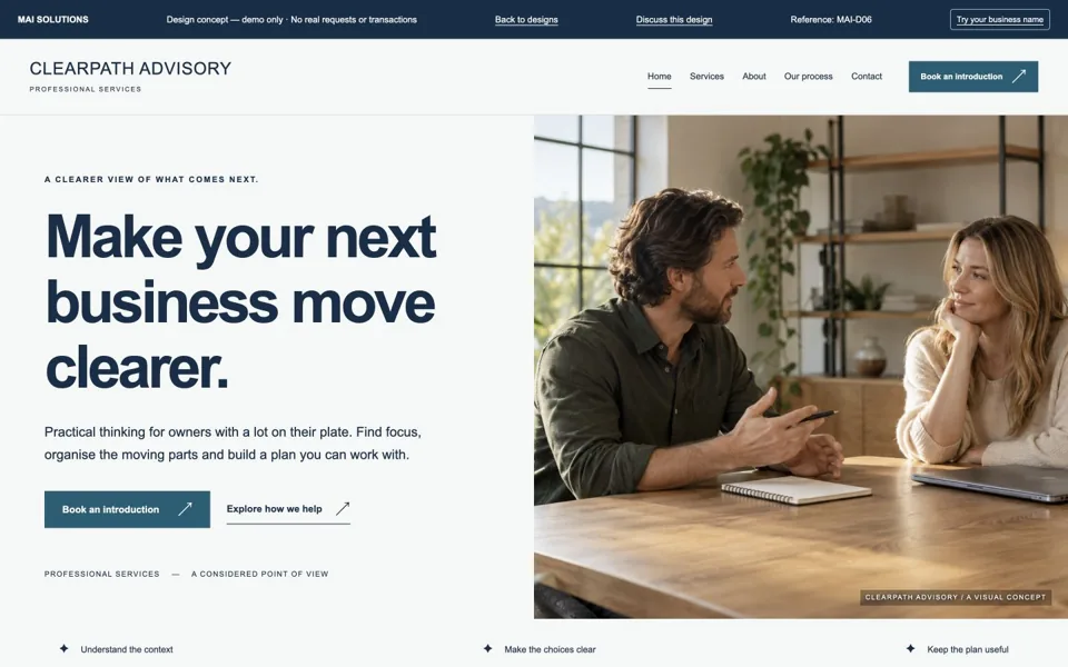 Rendered CLEARPATH ADVISORY professional services homepage concept