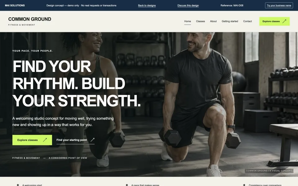 Rendered COMMON GROUND fitness & movement homepage concept