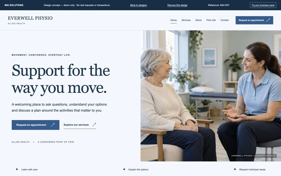 Rendered EVERWELL PHYSIO allied health homepage concept