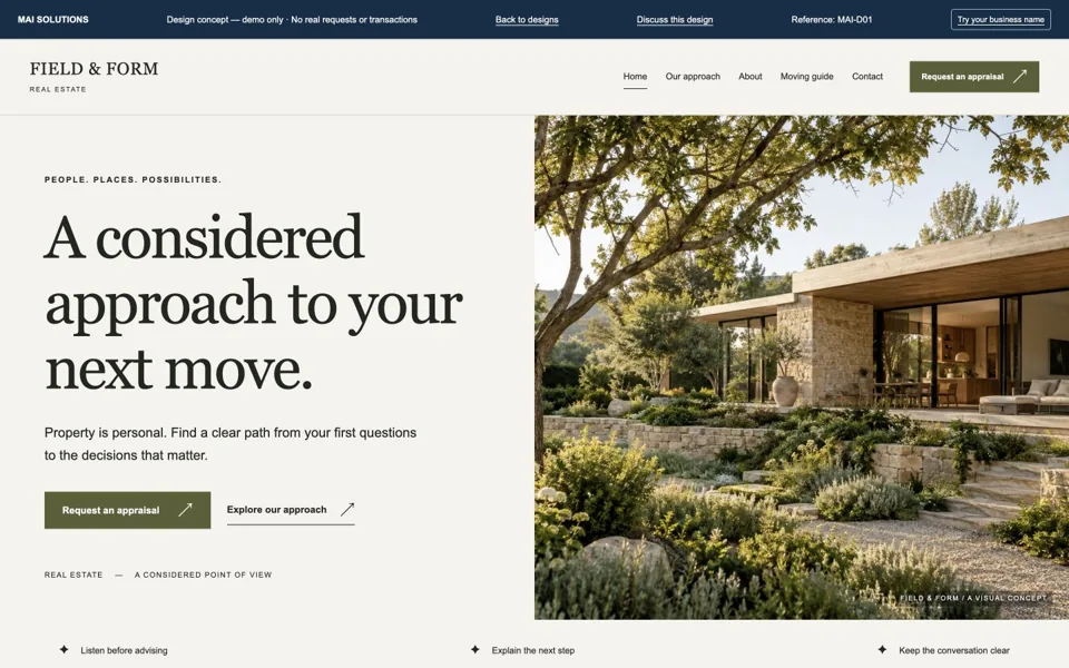Rendered FIELD & FORM real estate homepage concept