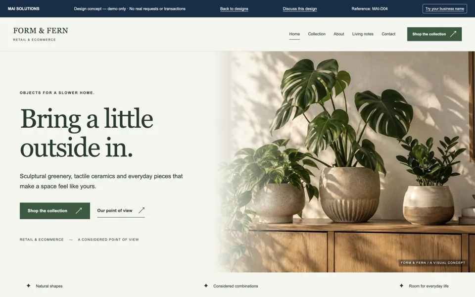 Rendered FORM & FERN retail & ecommerce homepage concept