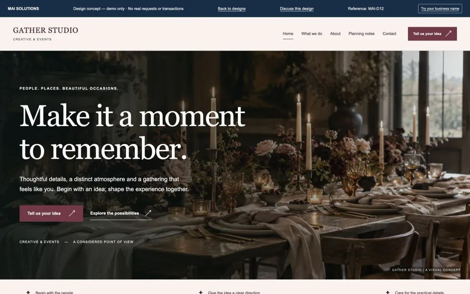 Rendered GATHER STUDIO creative & events homepage concept