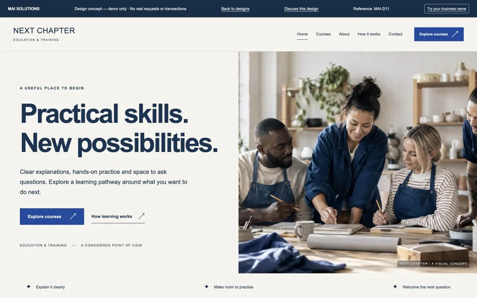 Rendered NEXT CHAPTER education & training homepage concept