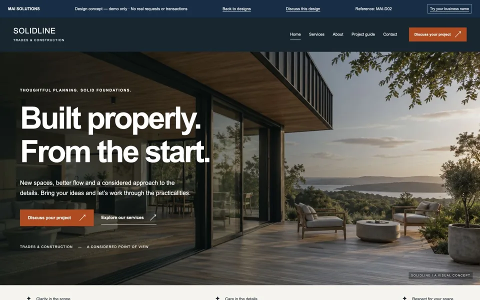 Rendered SOLIDLINE trades & construction homepage concept