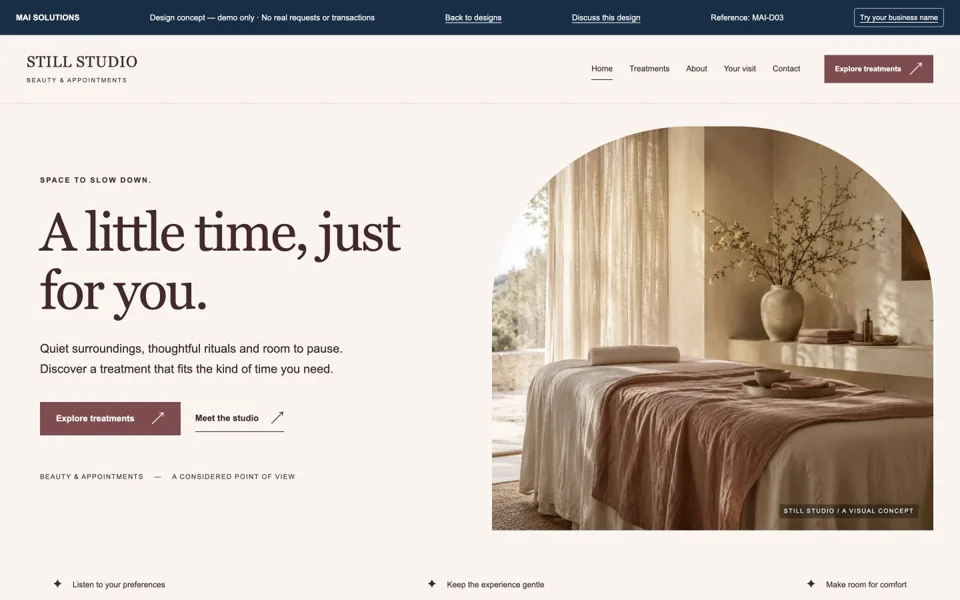 Rendered STILL STUDIO beauty & appointments homepage concept