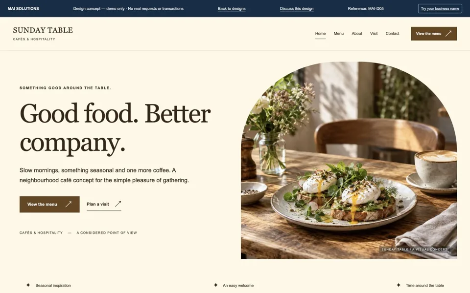 Rendered SUNDAY TABLE cafés & hospitality homepage concept